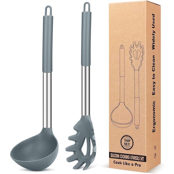 Silicone Pasta Fork and Ladle Spoon Set, Large Non Stick Kitchen Utensils for Cooking, Stirring, Soupand Sauce, Gray