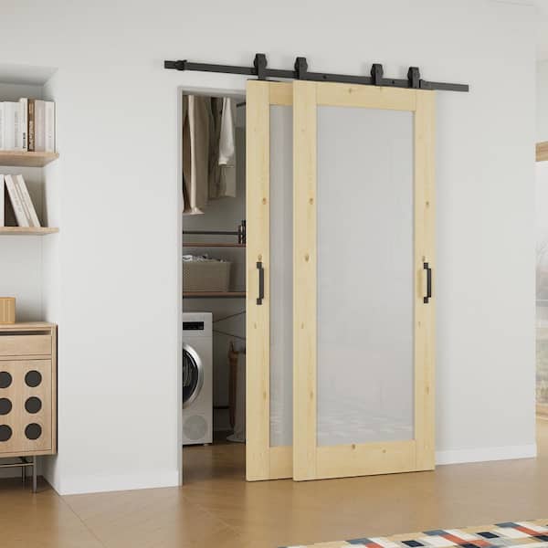 ARK DESIGN 56 in. x 80 in. 1-Lite Frosted Glass Unfinished Solid Core Pine Wood Sliding Barn Door with Hardware Kit Bypass