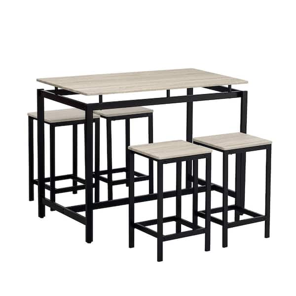 Zeus & Ruta 5-Pieces Oak Color Metal Outdoor Dining Set Modern Industrial Design Bar Table Set for Dining Room Indoor