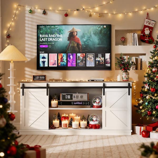 58 in. White Composite TV Stand Living Room Hub Fits TVs up to 65 in. with Sliding Barn Door and Adjustable Cabinets