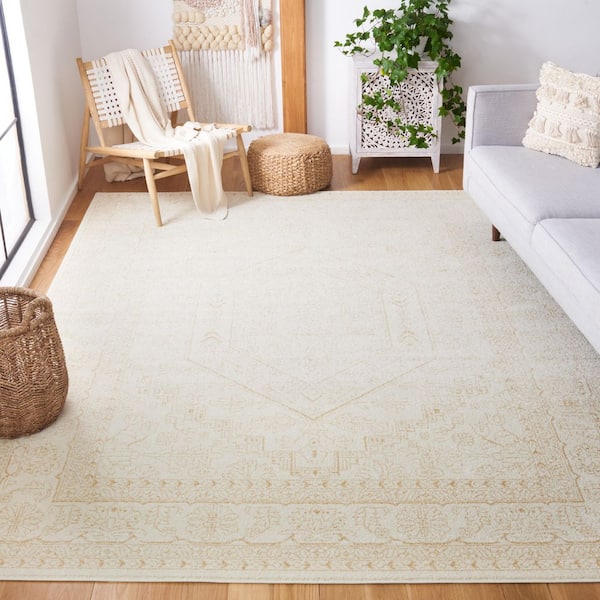 Adirondack Ivory/Beige 8 ft. x 8 ft. Border Medallion Square Area Rug