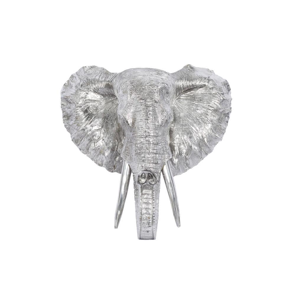 Silver Polystone Elephant Head Wall Sculpture with Tusks