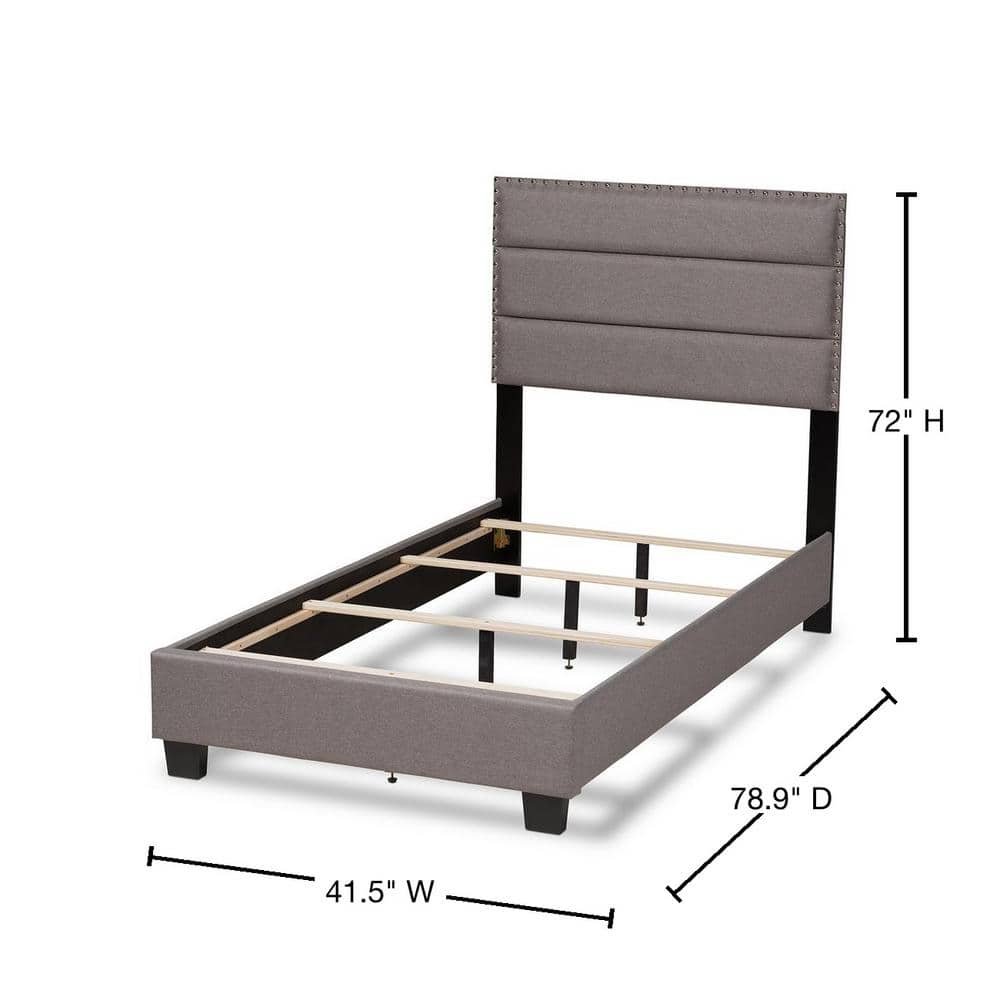Gray Twin Upholstered Bed with Tufted Headboard and Nailhead Trim