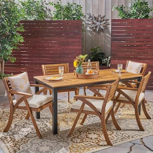 Concord Teak Brown 7-Piece Wood Outdoor Dining Set with Cream Cushions
