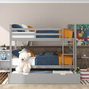 Gray Full Over Full Bunk Bed with Twin Size Trundle, Detachable Full Size Solid Wood Kids Bunk Bed Frame with Ladder