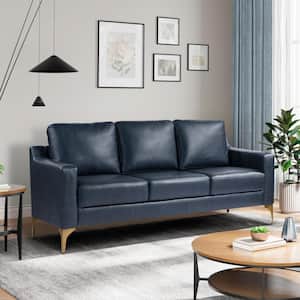 Francis 78 in. Square Arm Faux Leather Rectangle Sofa in Navy Blue