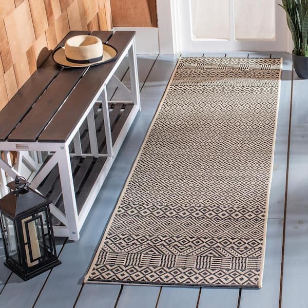 Courtyard Beige/Black 2 ft. x 16 ft. Tribal Striped Diamonds Indoor/Outdoor Patio  Runner Rug