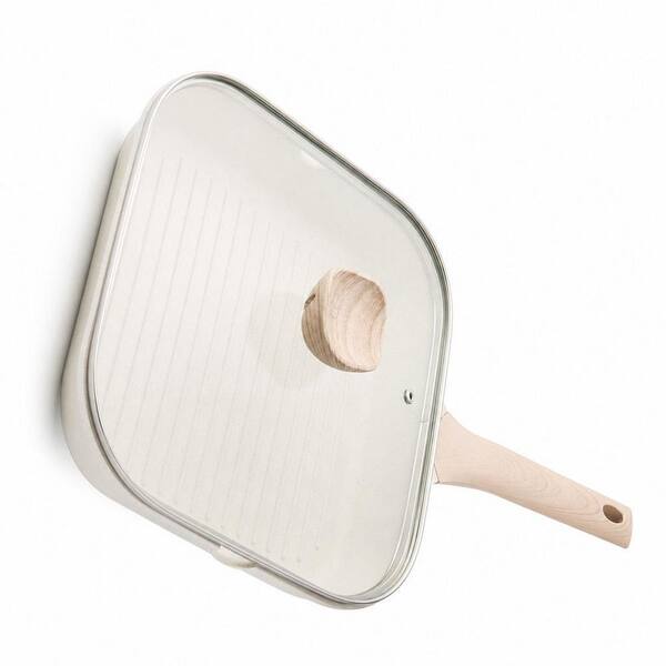 1-Piece 11 in. Granite Coated Nonstick Square Grill Pan with Lid in White for Stove Tops Indoor Cooking