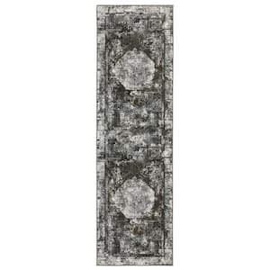 Galleria Charcoal 2 ft. x 8 ft. Distressed Oriental Medallion Polyester Indoor Runner Area Rug