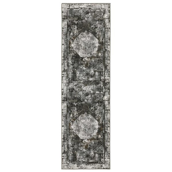 AVERLEY HOME Galleria Charcoal 2 ft. x 8 ft. Distressed Oriental Medallion Polyester Indoor Runner Area Rug