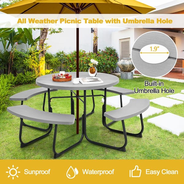 75 in. Gray Round HDPE Picnic Table and Bench Set Seats 8 People with Umbrella Hole