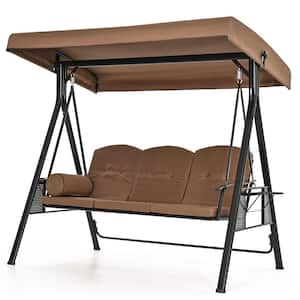 3-Person Brown Metal Patio Swing with Canopy and Cushions
