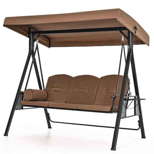 PamaPic 3-Person Brown Metal Patio Swing with Canopy and Cushions