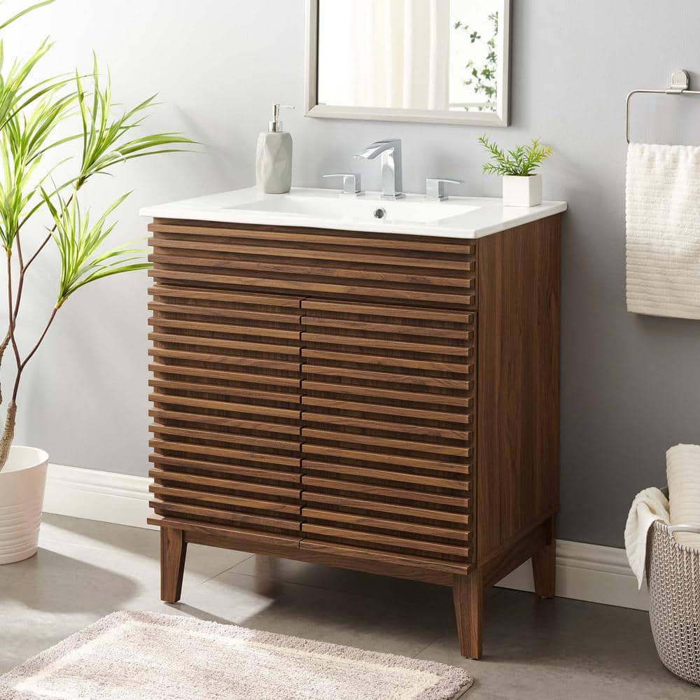 Mid-Century Modern 30" Walnut White Vanity Cabinet with Ceramic Basin