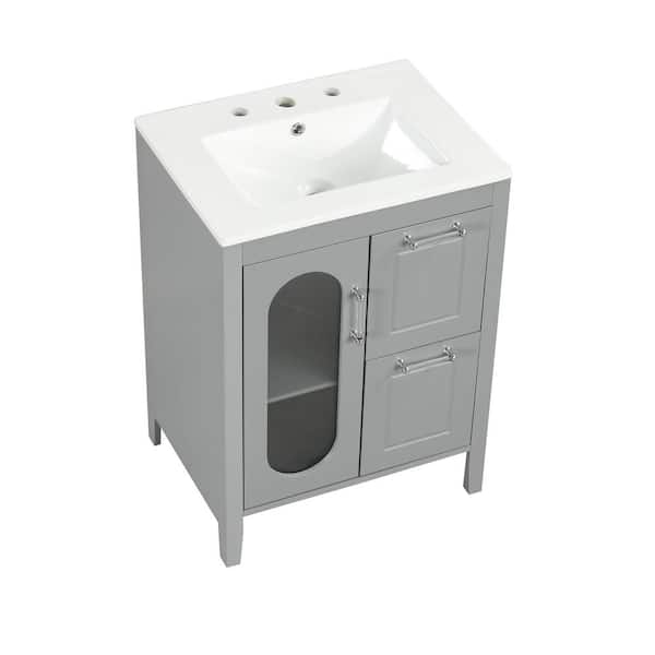 Cesicia 24 in. W x 18.3 in. D x 33.2 in. H Single Sink Freestanding Bath Vanity in Gray w/White Ceramic Top and Adjustable Shelf