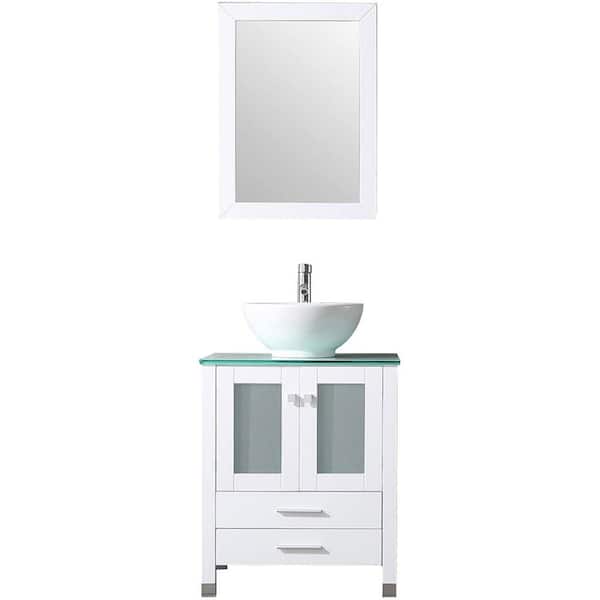 Unbranded Wonline 24 in. W x 21.7 in. D x 60 in. H Single Sink Bath Vanity in White with Green Glass Top and Mirror
