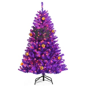 5 ft. Purple Pre-Lit LED Halloween Artificial Christmas Tree with Orange Lights Pumpkin Decorations
