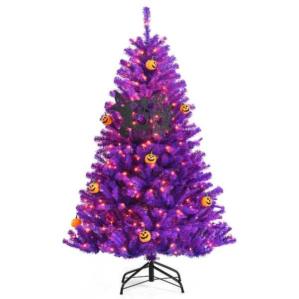 Costway 5 ft. Purple Pre-Lit LED Halloween Artificial Christmas Tree with Orange Lights Pumpkin Decorations