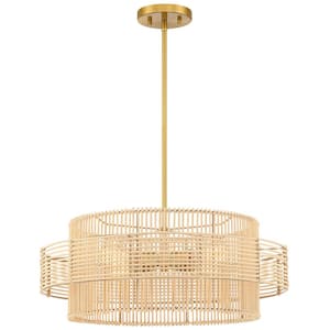 Saturn 22 in. 4-Light Brass Modern Bohemian Chandelier with Natural Rattan Shade