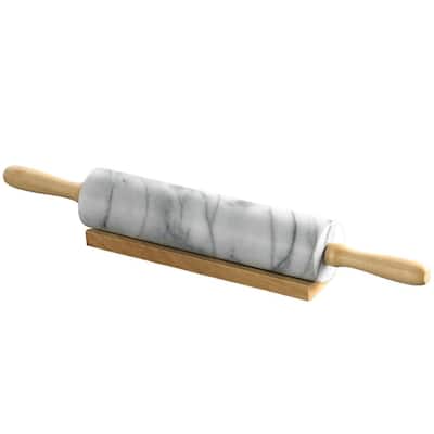Natural Marble 2-1/4 in. Dia x18 in. Length Rolling Pin Pastry Roller with Wooden Handle and Cradle