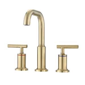 8 in. Widespread 3 Holes Double Handle High Arc Bathroom Faucet in Brushed Gold