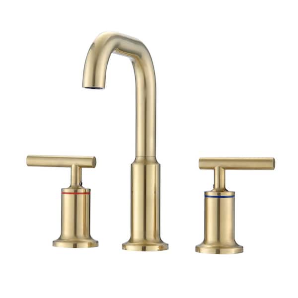 YASINU 8 in. Widespread 3 Holes Double Handle High Arc Bathroom Faucet in Brushed Gold
