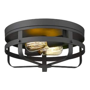 12.6 in. 2-Light Black Flush Mount with Metal Cage Shade and No Bulbs Included