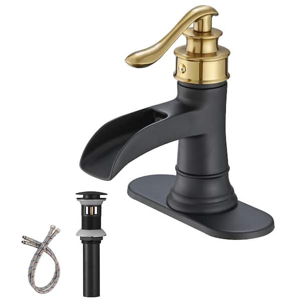 Waterfall Single Hole Single Handle Low-Arc Bathroom Faucet with Pop-Up Drain Assembly in Matte Black