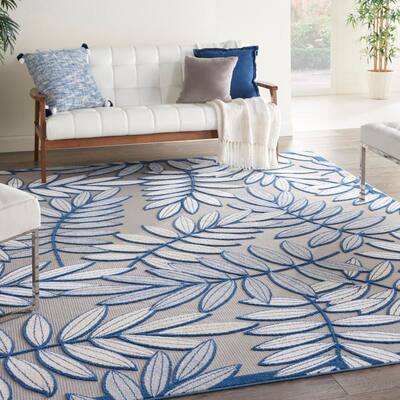 Aloha Ivory/Navy 12 ft. x 15 ft. Floral Contemporary Indoor/Outdoor Area Rug