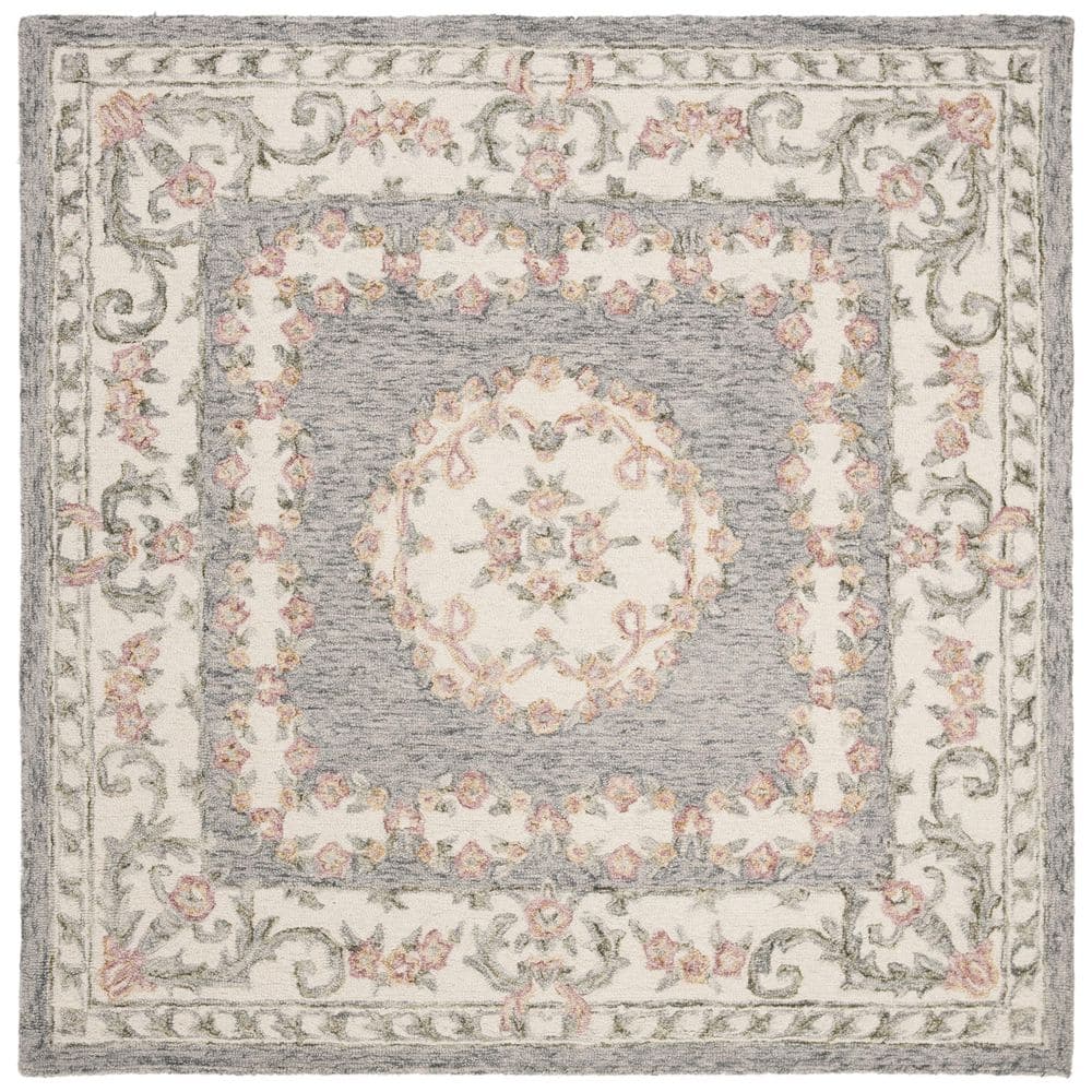 Gray and Ivory Handmade Wool Medallion Area Rug, 5' x 5'