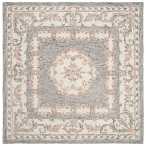 Micro-Loop Grey/Ivory 5 ft. x 5 ft. Border Floral Medallion Geometric Square Area Rug