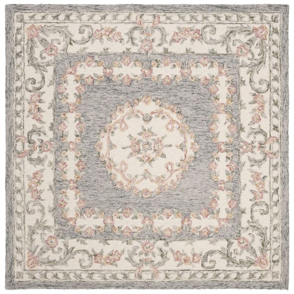 SAFAVIEH Micro-Loop Grey/Ivory 5 ft. x 5 ft. Border Floral Medallion Geometric Square Area Rug