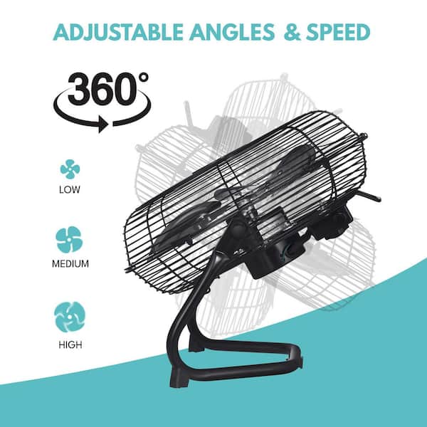 12 in. 3-Speed ​​High-Velocity Industrial Heavy Duty Metal Floor Fan in Black with Tilting Head for Outdoor/Indoor Use