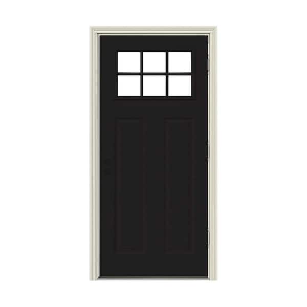 JELD-WEN 32 in. x 80 in. 6 Lite Craftsman Black Painted Steel Prehung Left-Hand Outswing Front Door w/Brickmould