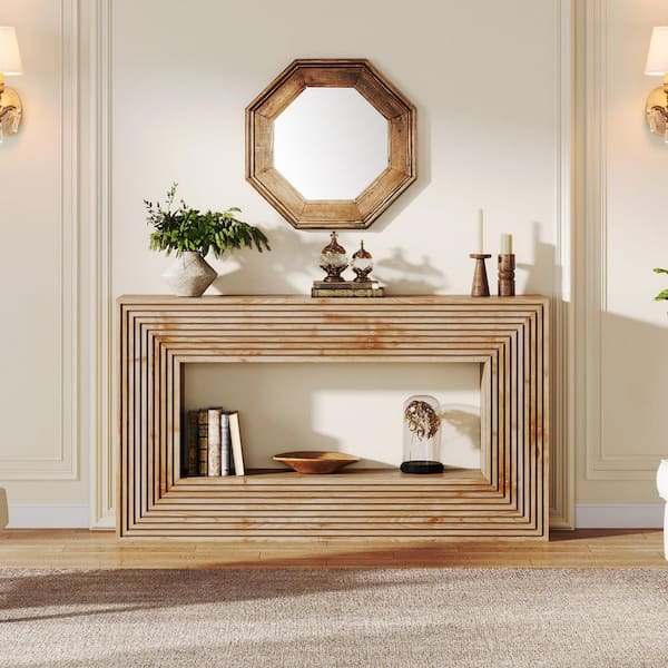 BYBLIGHT Turrella 59 in. Rectangle Brown Wood Sofa Table, 2-Tier Wood Console Table for Entryway