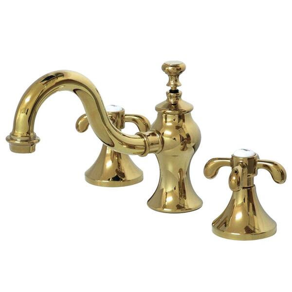 Kingston Brass Tear Drop Cross 8 in. Widespread 2-Handle High-Arc Bathroom Faucet in Polished Brass