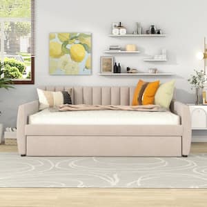 Beige Full Size Velvet Tufted Upholstered Daybed Sofa Daybed Frame with Trundle and Headboard