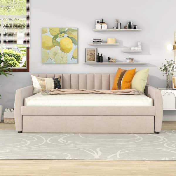 IDEAGLE Beige Full Size Velvet Tufted Upholstered Daybed Sofa Daybed Frame with Trundle and Headboard