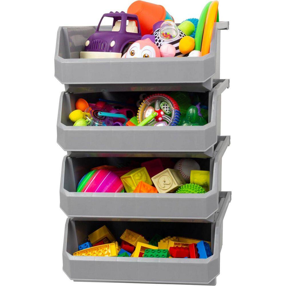 Plastic Stackable Storage Bin Containers for Organizing, Extra Large (14.8" x 16.5" x 7"), 4-Pack, Grey