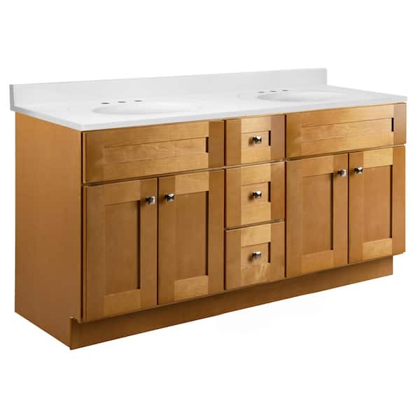 Design House Brookings 61 in. W, 2-Sink Freestanding Bath Vanity in Modern Birch with White Cultured Marble Top, Fully Assembled