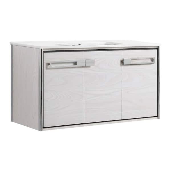 FINE FIXTURES Oakville 42 in. W x 18 in. D x 23.25 in. H Wall Mounted Bathroom Vanity in Gray with White Ceramic Sink Top