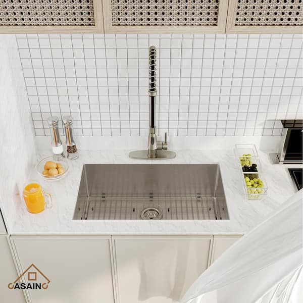 Stainless Steel Sink 30 in. Single Bowl Undermount Kitchen Sink with Brushed Nickel Pull Down Sprayer Kitchen Faucet