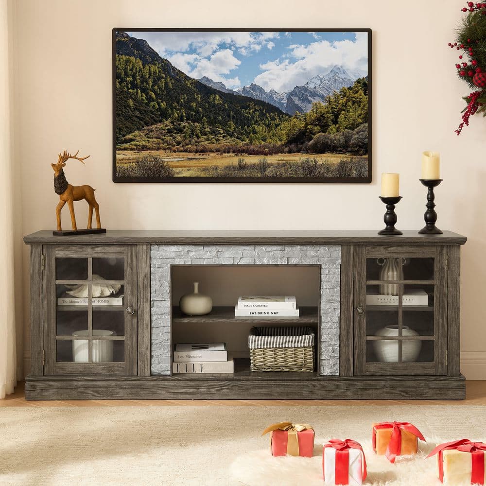 Gray TV Stand Fits TV's Up to 75 in. with 2-Door Storage and Faux Stone Media Console Cabinet