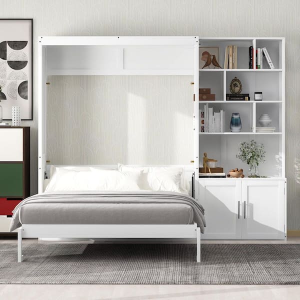 White Wood Frame Full Size Murphy Bed with Multiple Storage Shelves and A Cabinet