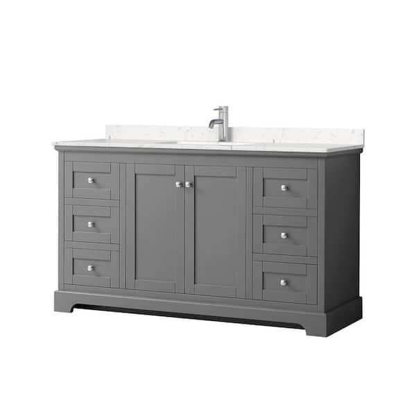 Wyndham Collection Avery 60in.Wx22 in.D Single Vanity in Dark Gray with Cultured Marble Vanity Top in Light-Vein Carrara with White Basin