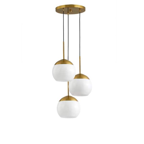 HomeGlam Metro 3-Light Brushed Brass Pendant Light with White Glass Shade