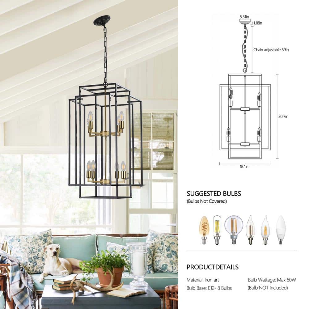 Black and Gold Geometric Metal Cage Chandelier with 8 Lights