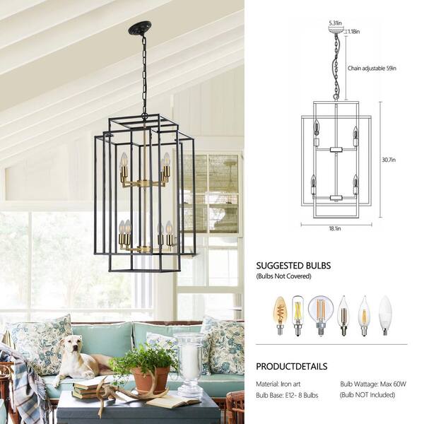 HKMGT 8 Light BlackandGold Farmhouse Pendant Tiered Geometric Chandelier for Living Room with no bulbs included DD05L08BG