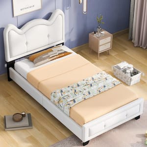 White Twin Size PU Leather Upholstered Wood Platform Bed, Kids Bed with Cartoon Ears Shaped Headboard