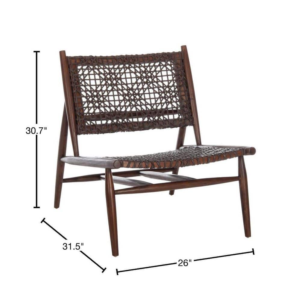 Transitional Brown Leather Weave Accent Chair with Sungkai Wood